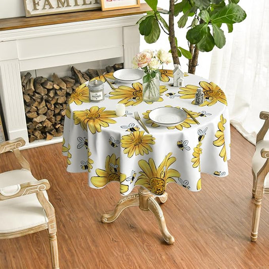 Horaldaily Summer Tablecloth 70 x 70 Inch Round Yellow Sunflower Bumble Bee | White Fall Washable Table Cover for Party Picnic Dinner Decor
