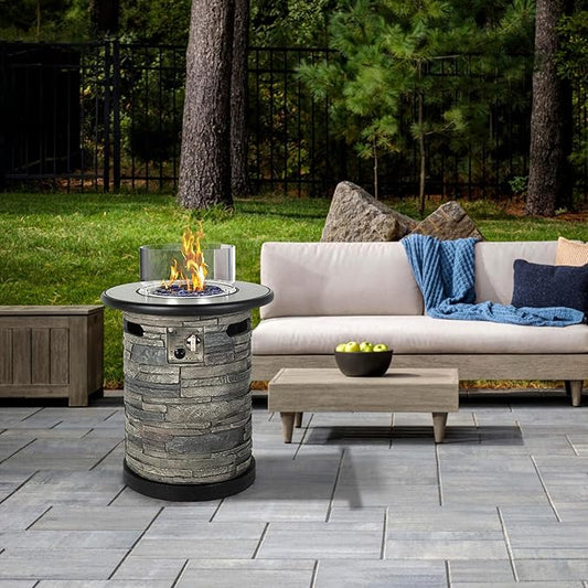 BAIDE HOME Outdoor Propane Fire Pit Table, Round Porcelain Tile Top 22" Fire Bowl Column W/ 40,000 BTU Firepit Table Auto-Ignition 400D Cover Glass Rocks for Outside Patio