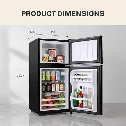 3.2 Cu.Ft Mini Fridge with Freezer, 2 Door Small Refrigerator with Adjustable Thermostat Energy-efficient Low Noise, Compact Fridge for Bedroom, Office, Dorm, Matte Black