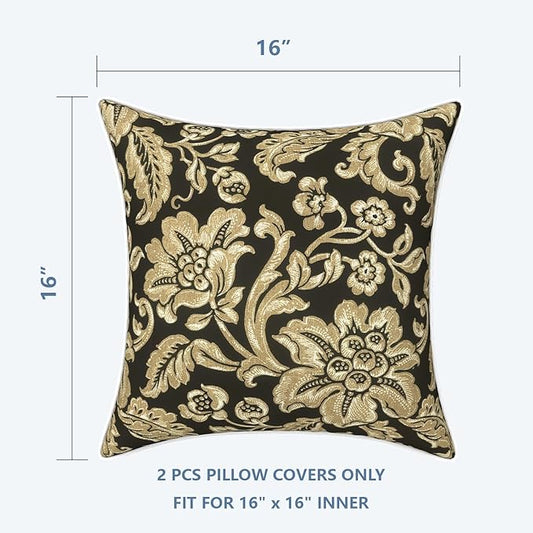 LVTXIII Outdoor Pillow Covers Set of 2, Patio Waterproof Throw Pillow Cases Fade Resistant Accent Pillow Covers for Spring Summer Garden Decoration, 16x16 Inch, Jacobean Black
