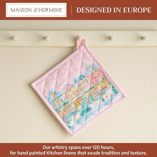 Maison d' Hermine Pot Holders 100% Cotton Potholders (8" x 8", Pack of 1) | Heat Resistant Hot Pads with Loop BBQ Cooking Kitchen Handling Hot Pans Thanksgiving Christmas - Christmas Market - Pink