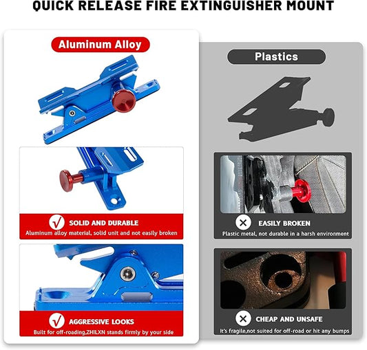 Quick Release Car Fire Extinguisher Mount โ Blue Adjustable Aluminum Roll Bar Bracket Compatible with Jeep Wrangler (TJ/JK/JL/JKU), UTVs (Polaris RZR, Ranger, Can-Am X3), Trucks & Off-Road Vehicles