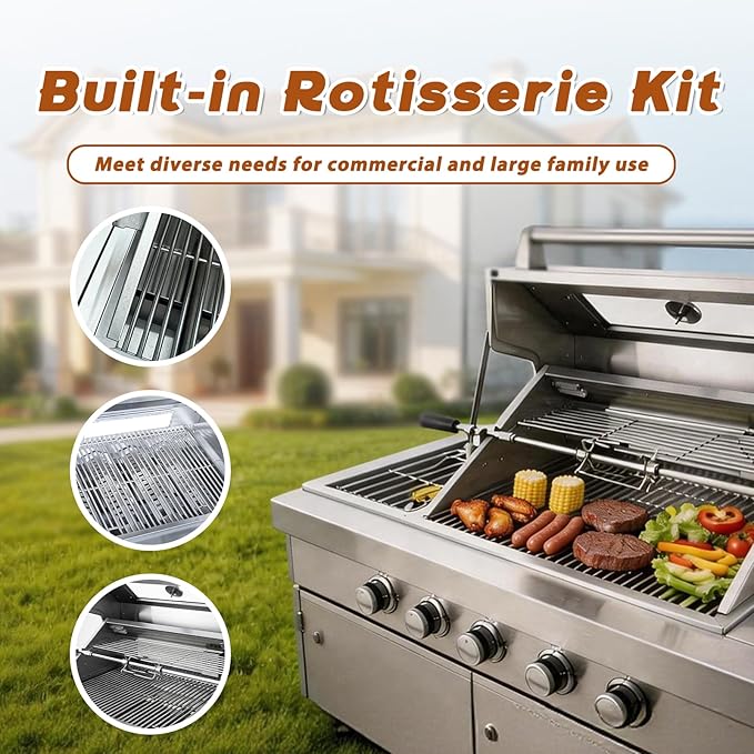 84" Deluxe Outdoor Kitchen Bar and BBQ Island Grill with 6 Burner, 75300 BTU Stainless Steel Grill, Integrated Sink, Wine Cooler, Refrigerator, Granite Countertops, and Rotisserie Kit