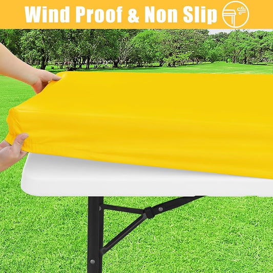 Rectangle Table Cloth, Waterproof Elastic Fitted Tablecloth for 4 Foot Folding Tables, Washable Polyester Tablecloths for Picnic, Camping, Outdoor (Yellow, 24"x48")