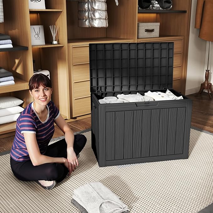 PatioZen 45 Gallon Deck Box,Resin Outdoor Storage Box with Lockable for Patio Furniture, Pool Accessories, Garden Tools Waterproof Outside Storage Box, Black