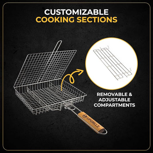 UPGRILLZ Fish Grill Baskets for Outdoor Grill Vegetables, Fish Grilling rack for Grill, BBQ Grilling Basket, Stainless steel Grill Basket for Veggies, shrimp