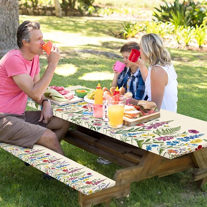 Picnic Table Cover with Bench Covers, Cottagecore Camper, 72 Inch | 3PCS Waterproof Fitted Tablecloth Elastic Edges Outdoor Camping Essentials with Drawstring Bag