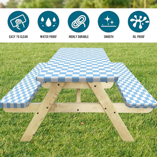 Picnic Table Cover with Bench Covers and Bag, Blue and White Checkered Gingham Buffalo Plaid Camping Tablecloth Waterproof Windproof Elastic Edges Fitted Tablecloths for Outdoor Garden 3PCS 30x72 Inch