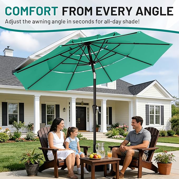 AreShark 9ft 3-Tier Patio Umbrellas, Outdoor Umbrella with 8 Sturdy Ribs UV Protection Windproof, Market Table Umbrella w/Push Button Tilt & Crank for Pool, Porch, Deck, Garden(Turquoise)