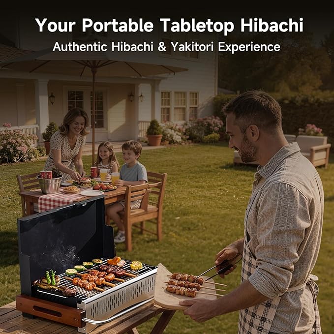 Portable Hibachi Charcoal Grill for Outdoor Camping, No Assembly BBQ Grill with Stainless Steel Grate, Height Adjustable Foldable Grill for Beach and Patio