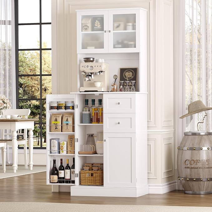 BOTLOG 72" Tall Kitchen Pantry Storage Cabinet with 4-Tier Door Shelves | Kitchen Hutch Cabinet with 2 Drawers, Frosted Glass Door for Dining Room, Modern White, Space-saving, apartment, small room