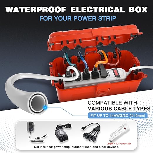 Flemoon Medium Outdoor Electrical Box (11.5x5.2x4 inch), IP54 Waterproof Extension Cord Cover w/6 Cable Entry Ports, Weatherproof Connection Box for Power Strip, Timer, Plug, Holiday Lights, Red