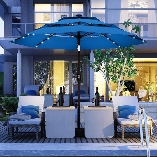 Kingdura 9ft 3-Tier Patio Umbrella with Solar Lights, Table Umbrella Outdoor Patio with Easy Crank & Tilt, 8 Sturdy Ribs, UV Protection, 32 LED Lights for Deck, Poolside, Market (Royal blue)