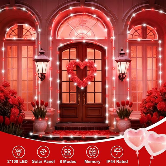 QITONG Red and White Solar Rope Lights, 2 Pack Each 33ft 100 LED Christmas String Light, 8 Modes Fairy Lights in Clear Thin Tube
