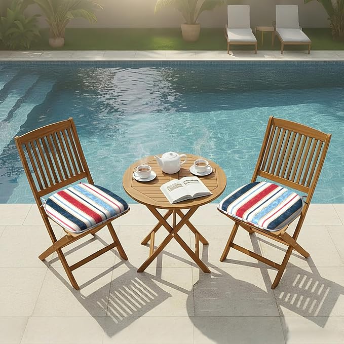 DYTXIII Set of 2 Outdoor Chair Cushions with Ties,Water Repellent Patio Chair Pads 17"x 16" for Outdoor Furniture,Round Corner Seat Cushions for Garden Yard Kitchen Stripe Red Blue