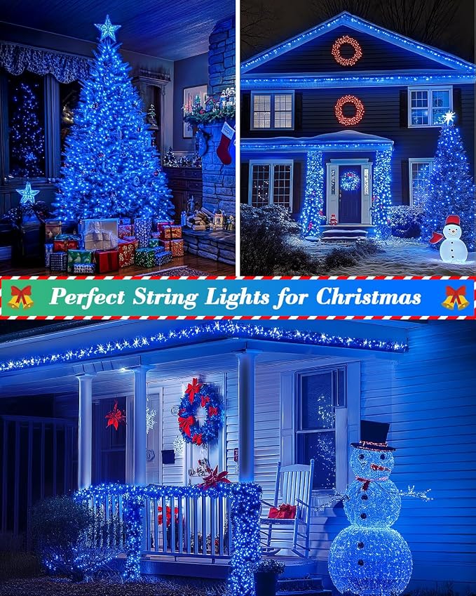 125FT 380LED Blue Christmas Lights, Extra Long Outdoor String Lights Waterproof, Timer & Memory, 8 Modes Dimmable Plug in Fairy Lights for Outside Tree Wedding Patry Holiday Decorations