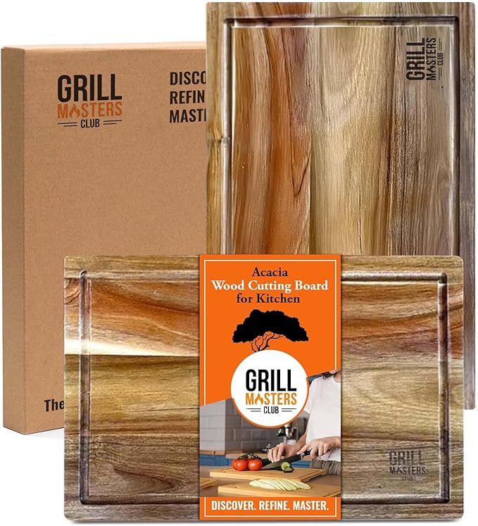Grill Masters Club Premium Acacia Wood Cutting Board for Kitchen | Large Wooden Cutting Board with Juice Groove | Lightweight Grill for BBQ Masters, & Cooking Enthusiasts-Ideal for Gift