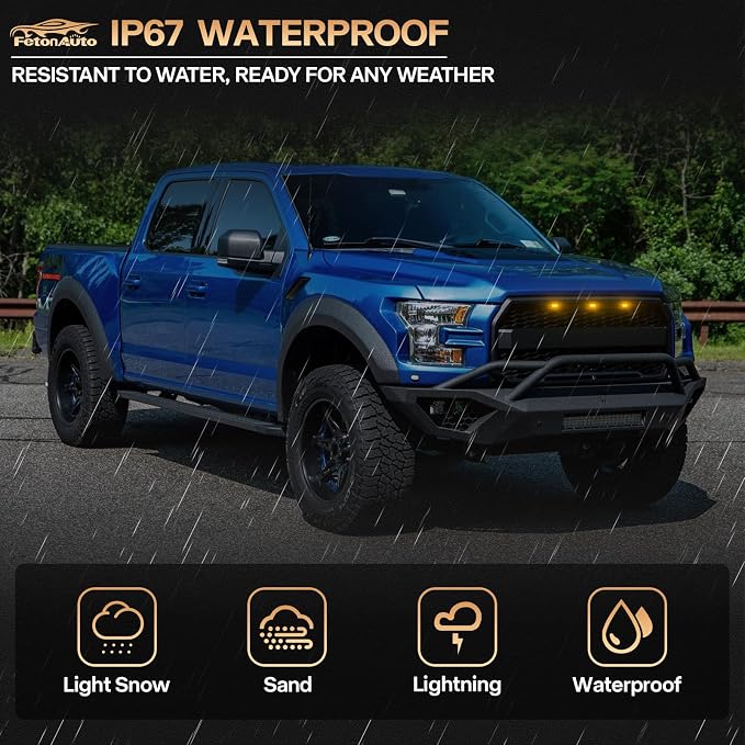 3PCS Amber LED Front Grille Lights for 2004-2019 Ford F150 Raptor Style Aftermarket Grill, with Harness and Fuse Accessories