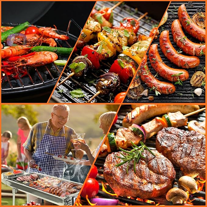 Portable Charcoal Grill, Foldable Camping Barbecue Grill with Storage Shelf, Stainless Steel Outdoor BBQ Grill Table for Garden Backyard Party Picnic Travel