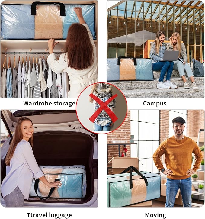 Heavy Duty Clear Moving Bags with Strong Zipper & Comfortable Handles | 12 Pack Extra Large Storage Bags Totes Moving Boxes Packing Supplies for College Dorm Room Essentials Compatible with IKEA