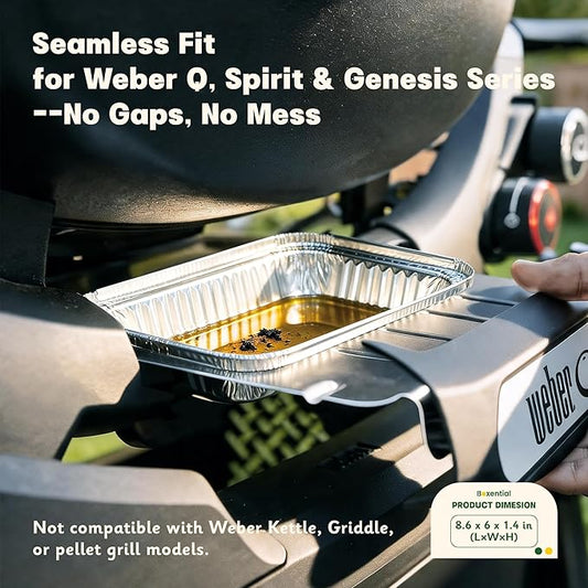 25 Pack 8.6" x 6" Grill Drip Pans Compatible with Weber Q, Spirit & Genesis Series – Aluminum Grease Tray Liners for Weber Grill Drip Tray, Grease Catcher Replacement, Disposable Foil Pans