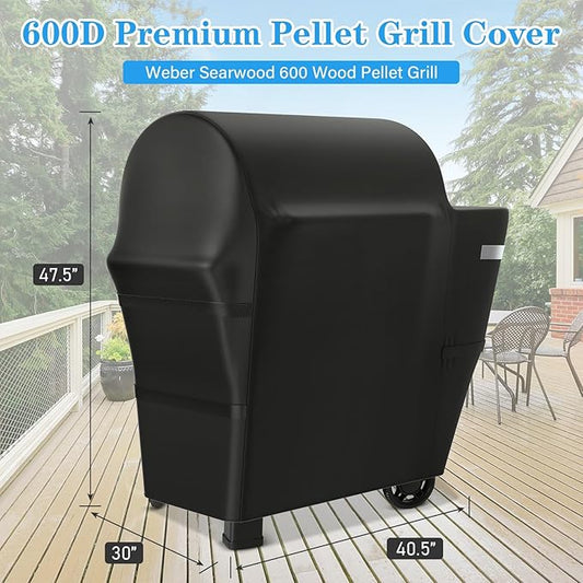Utheer Grill Cover for Weber Searwood 600 Pellet Grill, Heavy Duty 600D Waterproof Fabric Grill Cover for Weber 3400145, Black