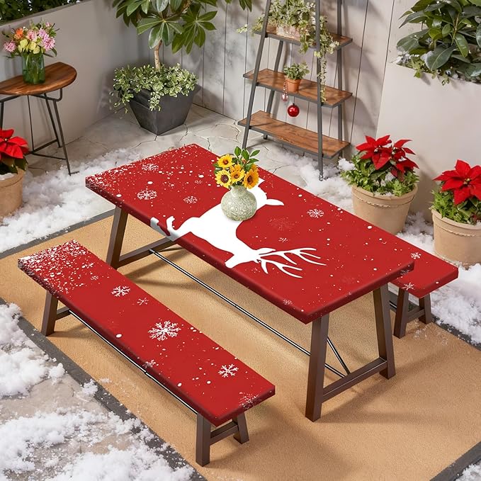 Christmas Picnic Pable Cover with Table Cover, Elastic Tablecloth for Outdoor Picnic Table, Red Reindeer and Snowflake Design, Tablecloth for Camping, Barbecue and Holiday Parties