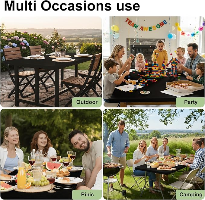 Smiry 2 Pack Rectangle Tablecloth, Elastic Fitted Flannel Backed Vinyl Tablecloths for 4ft Folding Tables, Waterproof Wipeable Table Covers for Outdoor, Indoor, Picnic and Camping (Black, 24"x48")