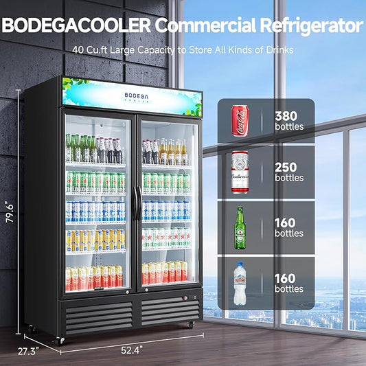 BODEGACOOLER Commercial Merchandiser Refrigerator, 40 Cu.Ft Double Glass Door Beverage Cooler, Upright Display Refrigerator with Soft LED Light, Adjustable Shelves, 4 Heavy-Duty Casters, Black