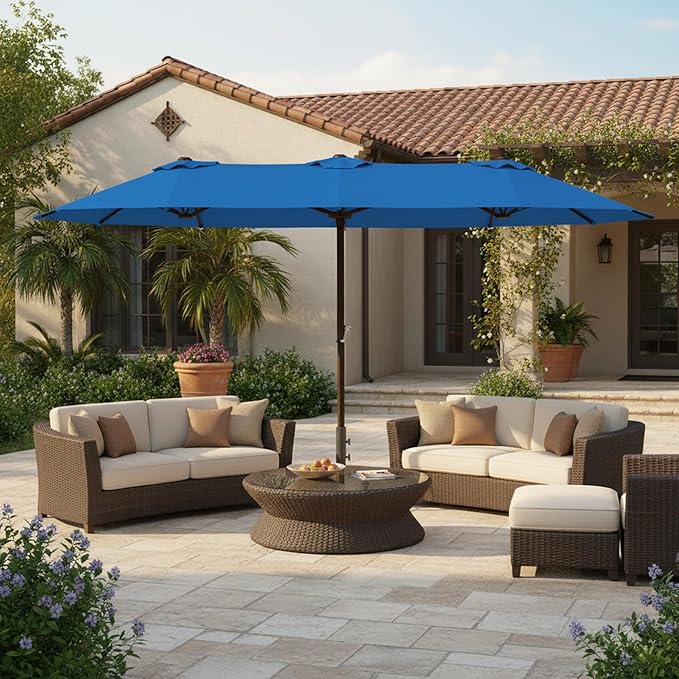 15FT Large Patio Umbrella with Base, Double Sided Rectangular Outdoor Umbrella with Sturdy Fiberglass Ribs, UPF 50+ Sun Protection, Wind-Resistant, Waterproof Fade-Resistant Fabric for Pool, Garden, Backyard, Deck(Royal Blue)