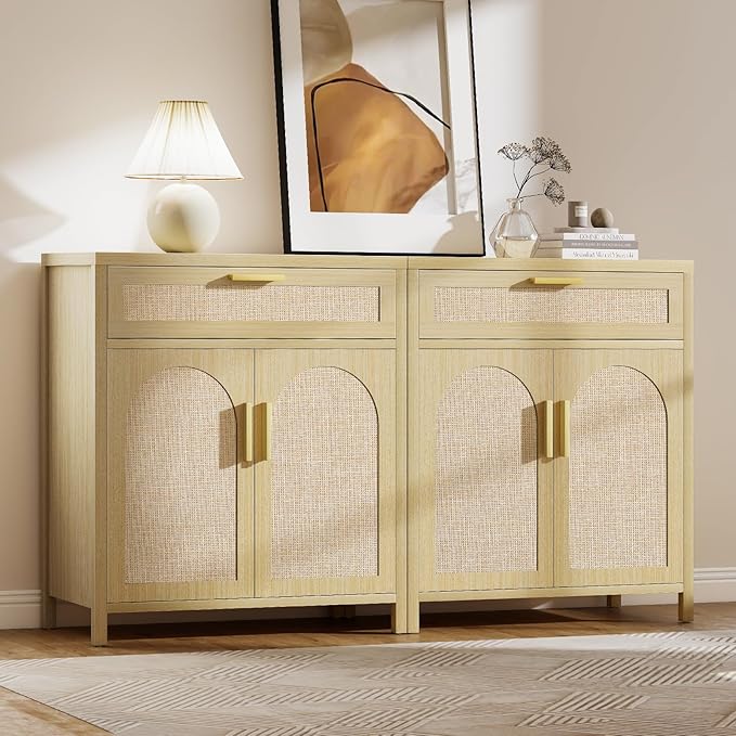 Rattan Buffet Cabinet with Storage, Sideboard Cabinet with Doors and Shelves, Accent Coffee Bar with Drawers, Farmhouse Kitchen Storage Cabinets, credenza for Entryway, Living Room Natural