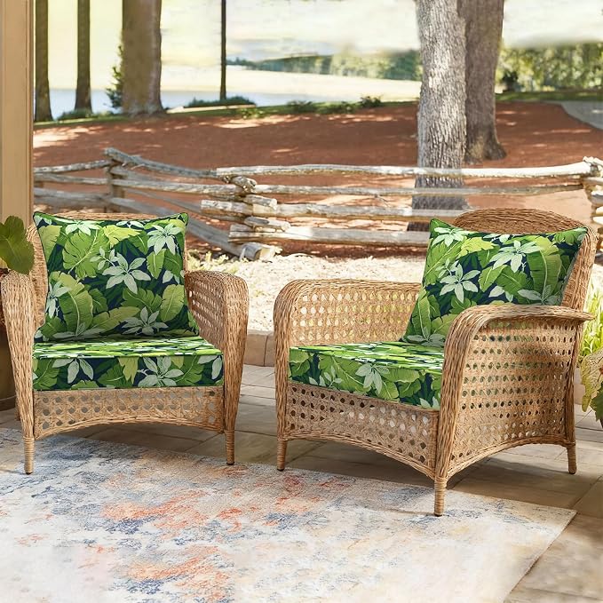 DYTXIII Outdoor Deep Seat Cushion Set, Water Repellent 24"x24" Patio Thick Cushions Replacement with Seat & Back Pillow for Patio Sofa, Wicker Chair, Couch - Jungle Leaves