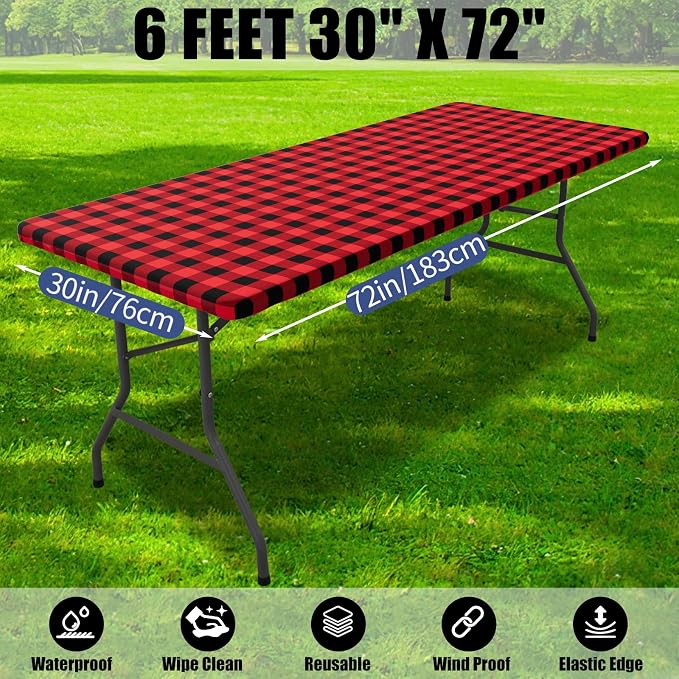 Smiry Picnic Table Cloth 2 Pack, Waterproof Elastic Fitted Tablecloths for 6FT Rectangle Tables, Washable Polyester Buffalo Plaid Tablecloth for Camping, Dining & Christmas(Black & Red, 30" x 72")