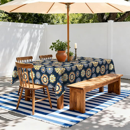 LVTXIII Rectangle Outdoor Tablecloth with Umbrella Hole and Zipper, Water-Repellent 60 x 84 Inch Patio Table Cover for Picnic, Garden, Backyard Dining, Bloom Cobalt