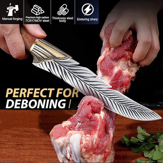 ROCOCO Feather Viking Knife Japanese Boning Knife with Sheath Outdoor Camping BBQ Collection Birthday Father Mother Christmas Gift Idea Men 6.5"