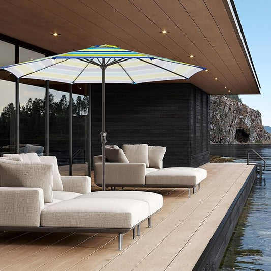 JEAREY 11' Patio Umbrellas Outdoor Table Market Umbrella w/Crank, 8 Sturdy Ribs, UV Protection Windproof for Garden, Deck, Backyard, Pool(Blue Green Striped)