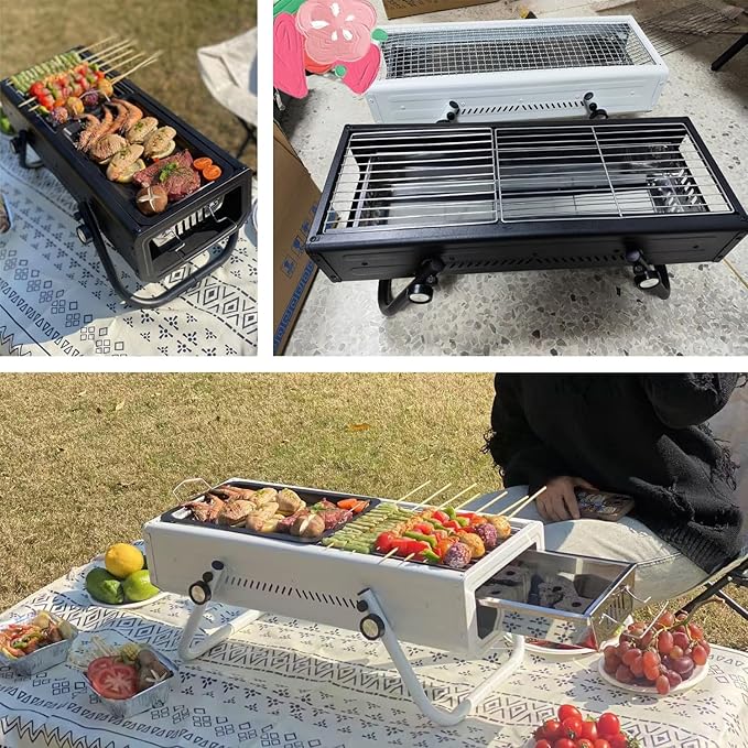 Portable Charcoal BBQ Grill with Foldable Legs Easy to Clean Iron Design Removable Charcoal Tray Ideal for 4 7 People Perfect for Outdoor Cooking (White)