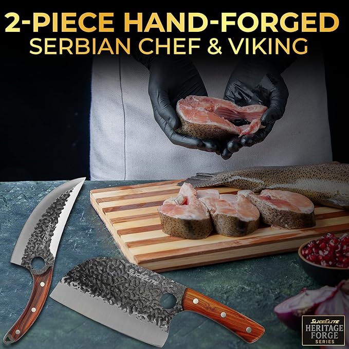 SliceElite Heritage Forge Series 2PCS Hand-Forged Serbian Chef & Viking Duo Kitchen Tool Meat Cleaver Chopping Knife Outdoor Cooking BBQ Butcher Set Forged Cooking Knives Great Knife for Men and Women