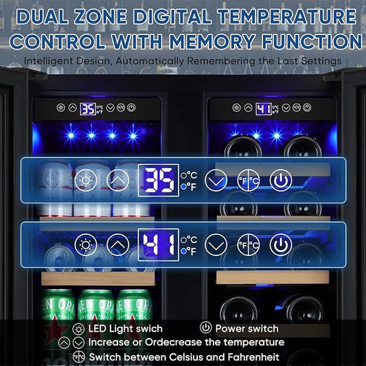 Wine and Beverage Refrigerator 24", Dual Zone Wine & Beverage Cooler with Glass Door and French Door, Built-In/Freestanding Wine and Beer Fridge Holds 21 Bottles & 88 Cans for Home/Bar - Black