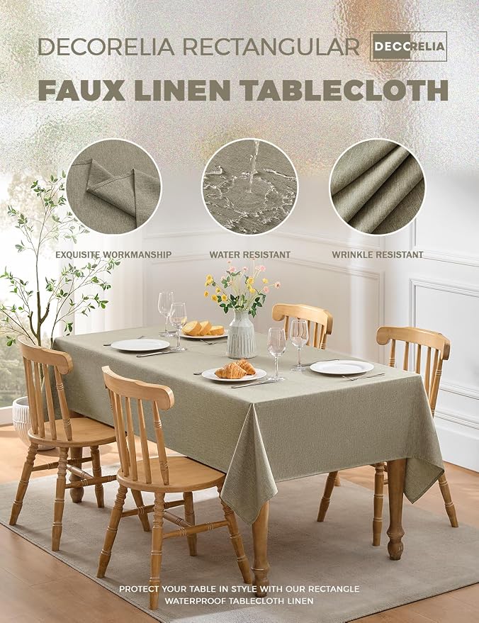Decorelia Faux Linen Farmhouse Table Cloth 60"x120" for Rectangle Table, Natural Waterproof Outdoor Washable Cloth Tablecloth for Rectangular Dining Room Kitchen Outdoor Party Restaurant Decor