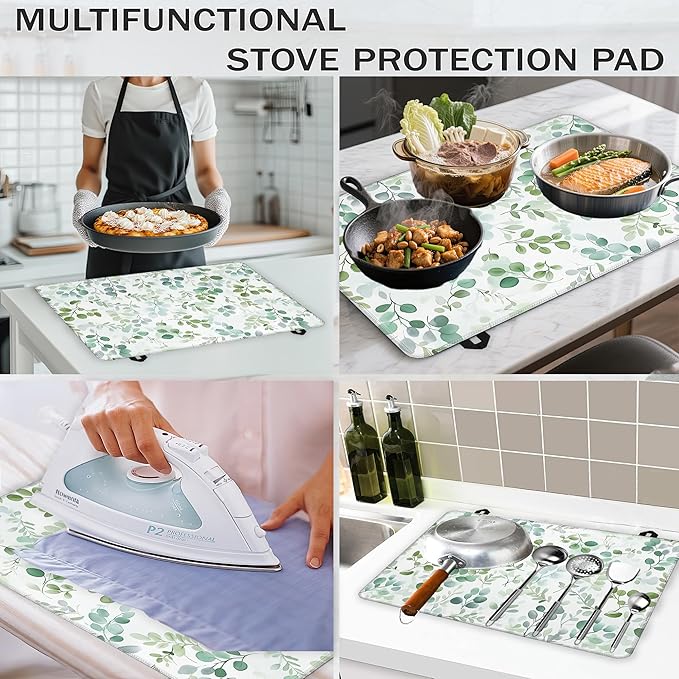 Electric Stove Top Cover,Eucalyptus Leaves Stove Cover for Glass Top Electric Stove,Watercolor Green Leaf Heat Resistant Flat Top Stove Mat Countertop Protector, 28 x 20 Inch