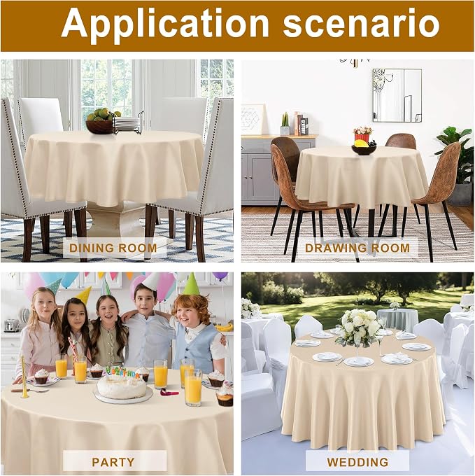 DWCN Round Tablecloth 120 Inch - Waterproof & Stain Resistant Spillproof Washable Polyester Fabric for Dining Room Kitchen, Dining, Party, Weddings and Restaurants, Beige