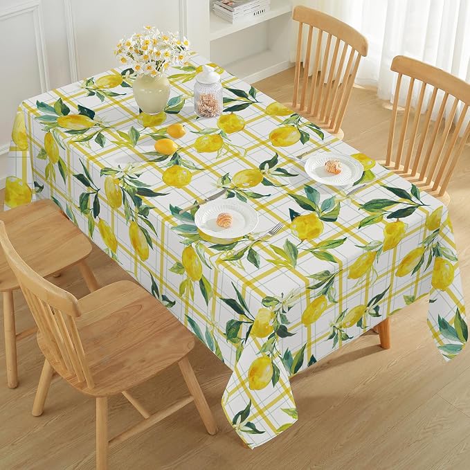 SASTYBALE Summer Lemon Tablecloth, Yellow Buffalo Plaid, 60" x 84" | Rectangle, Washable, Water Resistant, Vintage Pattern, Indoor & Outdoor Use