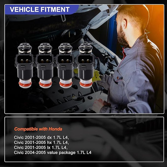 HiSport 16450-PLC-003 Fuel Injectors 4PCS Compatible with Honda Civic 1.7L 2001-2005 Dx Hx Lx,2004-2005 Value Package L4 Replaces 16450PLC003, 16450PLD004, FJ338