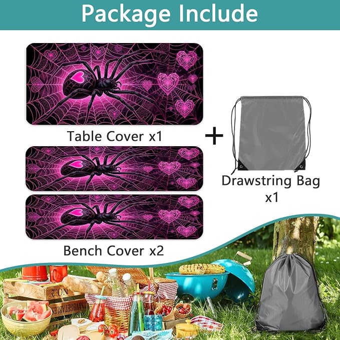 Picnic Table Cover with Bench Covers, Camping Essentials, Spider Web Outdoor Camping Table Cover Waterproof Camping Tablecloth with Elastic Edges Fitted Rectangle Tables and Seats, 3PCS, 30x60 Inch