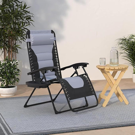 SereneLife Padded Zero Gravity Recliner Chair with Side Table, Gray | Lockable Recline, Cup Holder Tray And Padded Headrest Provide Comfortable Support For Patios, Camping And Outdoor Use