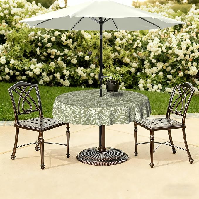 LVTXIII Round Outdoor Tablecloth with Umbrella Hole and Zipper, Water-Repellent 60 Inch Patio Table Cover for Bistro, Garden, Patio & Picnic, Tropical Leaf Green
