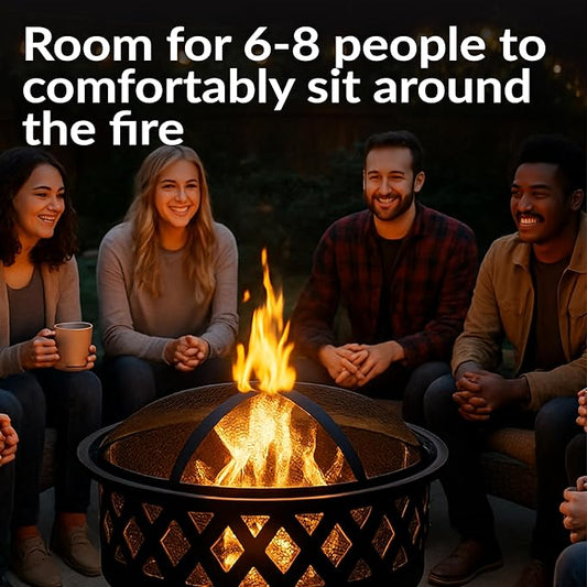 Sunnydaze Crossweave Outdoor Fire Pit - Wood-Burning Fire Pit for Outside with Spark Screen, Poker and Round Cover - 30-Inch - Black