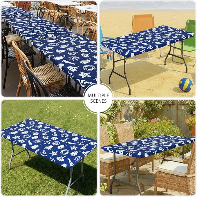 Smiry Spandex Fitted Tablecloth for 6 Foot Rectangle Tables, Washable Picnic Table Cover with Elastic, Stretch Reusable Table Cloth for Outdoor, Camping, Dining & Kitchen (Yacht, 30"x72")