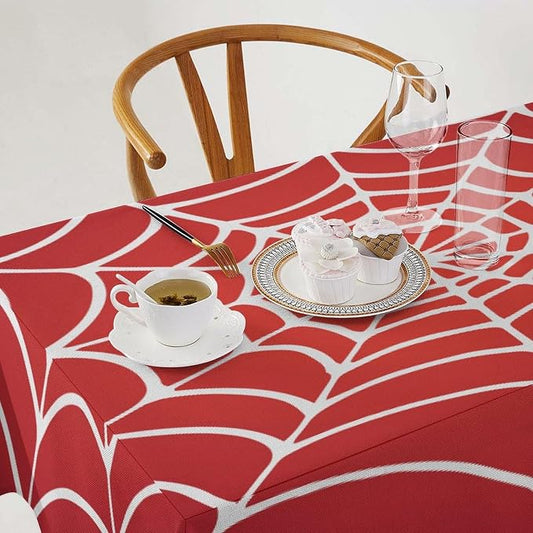 Spider Web Hero Tablecloth, White Spiderweb Red Cobweb Water Resistant Wipeable Table Cover for Picnic Party Holiday Kitchen Dinner Table 60"x110"